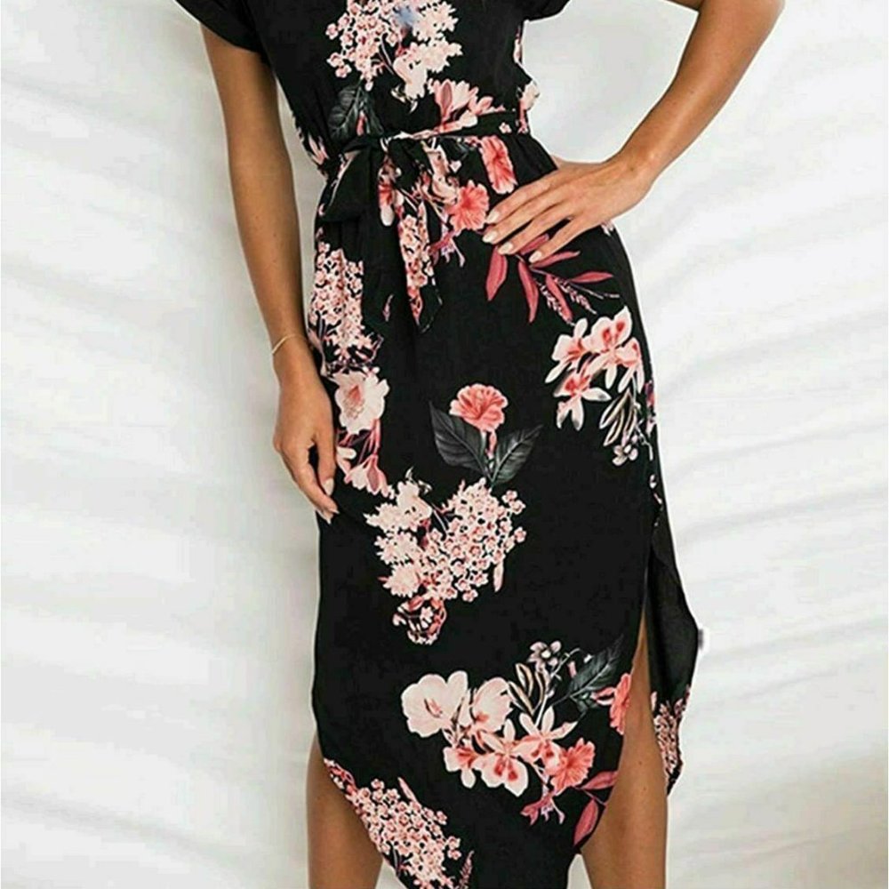 Black Floral Summer Dress with Belt - Picture 4 of 7